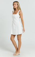 Adiana Mini Dress - Linen Square Neck Shirred Back A Line Dress in Off White