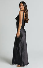 Adilah Maxi Dress - Cowl Neck Satin Dress in Black