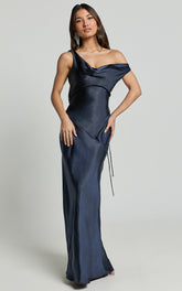 Adilah Maxi Dress - Cowl Neck Satin Dress in Navy