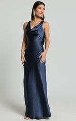 Adilah Maxi Dress - Cowl Neck Satin Dress in Navy