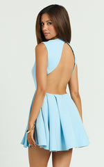 Adira Mini Dress - Square Neck Corset Bodice Pleat Skirt Backless Dress in Blue