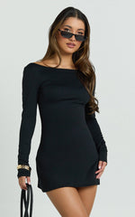 Adora Mini Dress - Long Sleeve Backless Boat Neck A Line Dress in Black