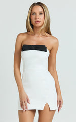 Adora Mini Dress - Strapless Bow Detail Split Dress in White