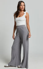 Adriana Pants - Ribbed High Waist Wide Leg Pants in Slate Grey