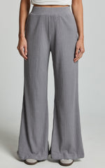 Adriana Pants - Ribbed High Waist Wide Leg Pants in Slate Grey