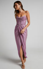 Adrie Midi Dress - Strapless Corset Bodice Dress in Pink