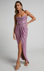 Adrie Midi Dress - Strapless Corset Bodice Dress in Pink