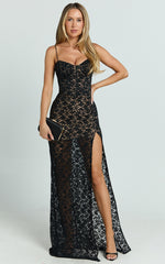 Aerilyn Maxi Dress - Lace Corset Front Fitted Dress in Black
