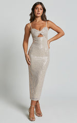 Agatha Maxi Dress - Sequin Twist Front Cut Out Dress in Gold