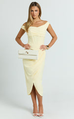 Aidia Midi Dress - Off Shoulder Draped Corset Dress in Lemon