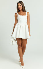 Aimee Mini Dress - Scoop Neck Corset Gathered Dress in White