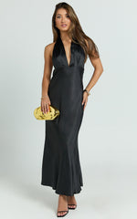 Aiyana Midi Dress - Halter Neck Satin Dress in Black
