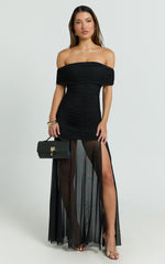 Alanna Maxi Dress - Off Shoulder Ruched Mesh Dress in Black