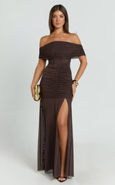 Alanna Maxi Dress - Off Shoulder Ruched Mesh Dress in Chocolate