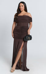 Alanna Maxi Dress - Off Shoulder Ruched Mesh Dress in Chocolate