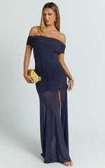 Alanna Maxi Dress - Off Shoulder Ruched Mesh Dress in Ink