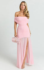 Alanna Maxi Dress - Off Shoulder Ruched Mesh Dress in Pink