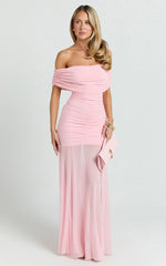 Alanna Maxi Dress - Off Shoulder Ruched Mesh Dress in Pink