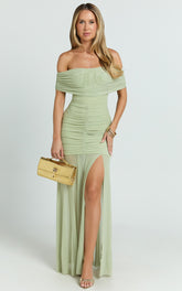 Alanna Maxi Dress - Off Shoulder Ruched Mesh Dress in Sage