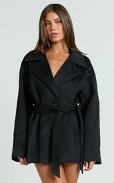 Alessandra Coat - Single Breasted Belted Short Wool Like Coat in Black