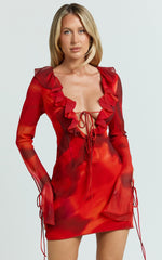 Alesya Mini Dress - Ruffle Plunge Neck Long Sleeve Tie Detail Dress in Abstract Adeana Print