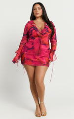 Alesya Mini Dress - Ruffle Plunge Neck Long Sleeve Tie Detail Dress in Adeana Print