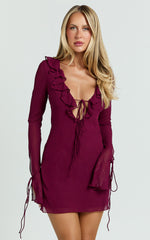 Alesya Mini Dress - Ruffle Plunge Neck Long Sleeve Tie Detail Dress in Wine