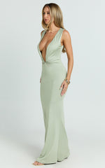 Alexa Maxi Dress - Plunge Cowl Neck Ruched Jersey Dress in Sage