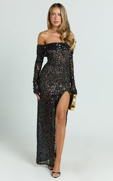 Alexandra Maxi Dress - Sequin Off Shoulder Leg Split Dress in Black