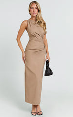 Alexandria Midi Dress - Tip Shoulder Draped Fitted Dress in Mocha