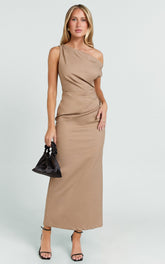 Alexandria Midi Dress - Tip Shoulder Draped Fitted Dress in Mocha