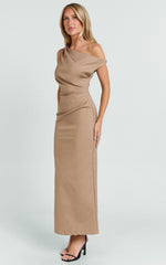 Alexandria Midi Dress - Tip Shoulder Draped Fitted Dress in Mocha