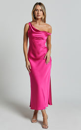 Alexia Midi Dress - One Shoulder Bust Slip Dress in Fuschia