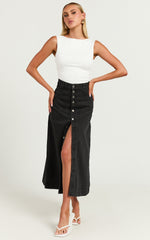 Alisa Midi Skirt - Button Through A Line Denim in Black Wash