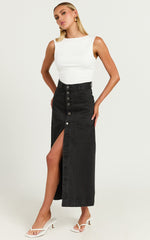 Alisa Midi Skirt - Button Through A Line Denim in Black Wash