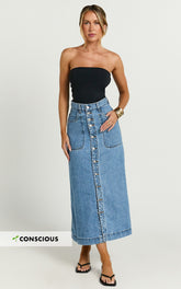 Alisa Midi Skirt - Button Through A Line Denim in Mid Blue Wash