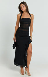 Almarie Midi Dress - Halter Neck Mesh Dress in Black