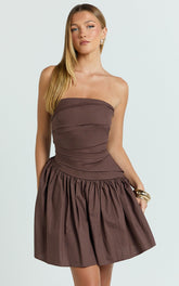 Almera Mini Dress - Strapless Ruched Dress in Chocolate