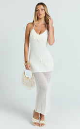 Alodia Maxi Dress - Sheer Crochet Knit With Crochet Seashells And Keyhole Dress in Off White