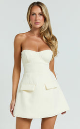 Alodia Mini Dress - Boucle Strapless Tulip Skirt Dress in Cream