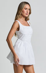 Alodia Mini Dress - Wide Strap Straight Neck Wide Pleated Dress in White