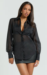 Alvana Shirt - Organza Gold Hardware Feature Button Blouse Shirt in Black