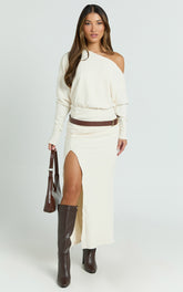 Alyce Midi Dress - Jersey Asymmetric Ruched Bodycon Dress in Off White