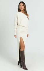 Alyce Midi Dress - Jersey Asymmetric Ruched Bodycon Dress in Off White