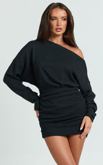 Alyce Mini Dress - Long Sleeve One Shoulder Dress in Black
