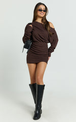 Alyce Mini Dress - Long Sleeve One Shoulder Dress in Chocolate