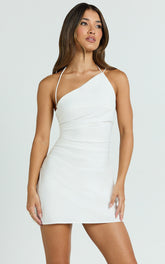 Alycia Mini Dress - Asymmetric Neck Strapped Back Bias Dress in White
