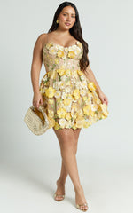 Amalie The Label - Mia Strappy Flower Detail Mini Dress - In Yellow