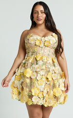 Amalie The Label - Mia Strappy Flower Detail Mini Dress - In Yellow
