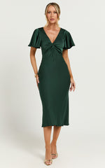 Amartina Midi Dress - V Neck Twist Bodice Flutter Sleeve Dress in Forest Green